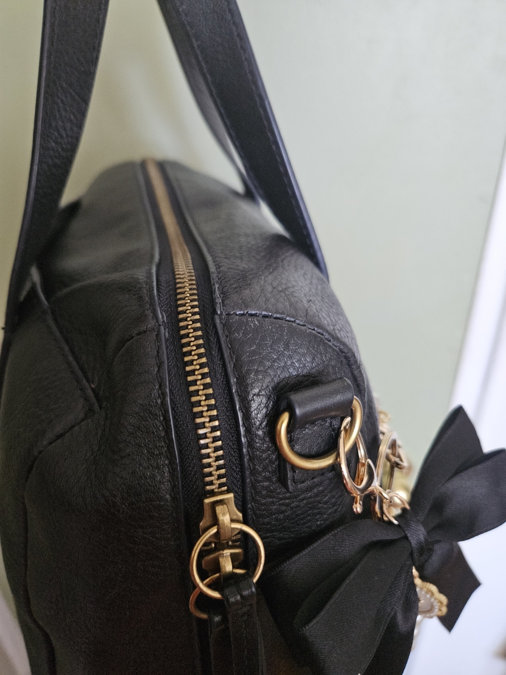 Fossil Black Leather Satchel with Pearl Chain - Picture 2 of 10